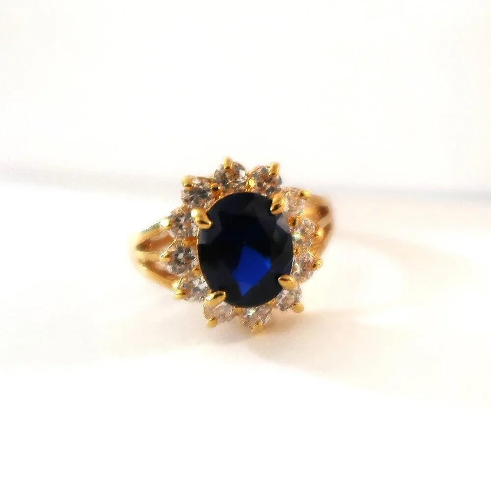 Mens 14K Gold Electroplate Ring Blue Center Stone White Accents Sz 8.75